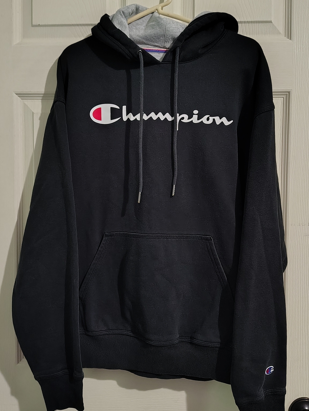 Champion Black Hoodie with White Script and Red Logo